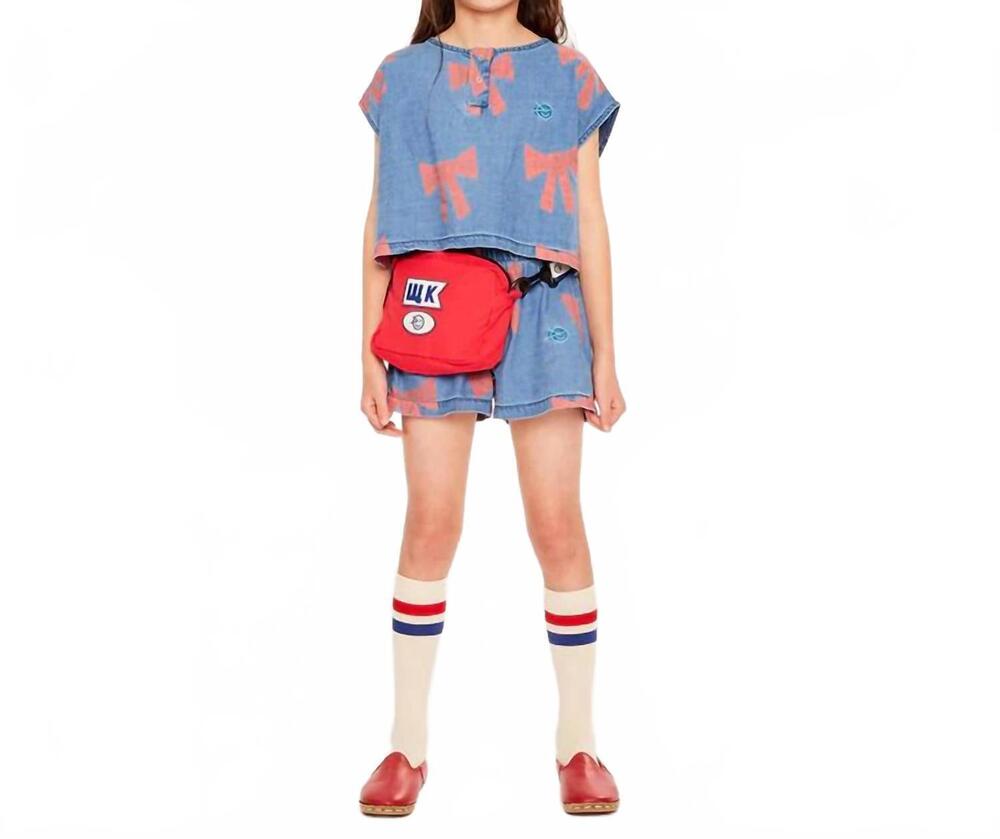 NEW WYNKEN girl twill denim vela bow cotton twill top with short set in blue